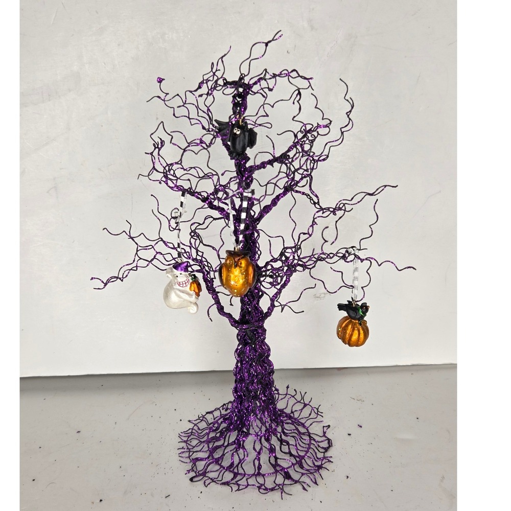 VTG Purple Glitter Wire Halloween Tree with 4 Ornaments Bat Ghost Owl Pumpkin